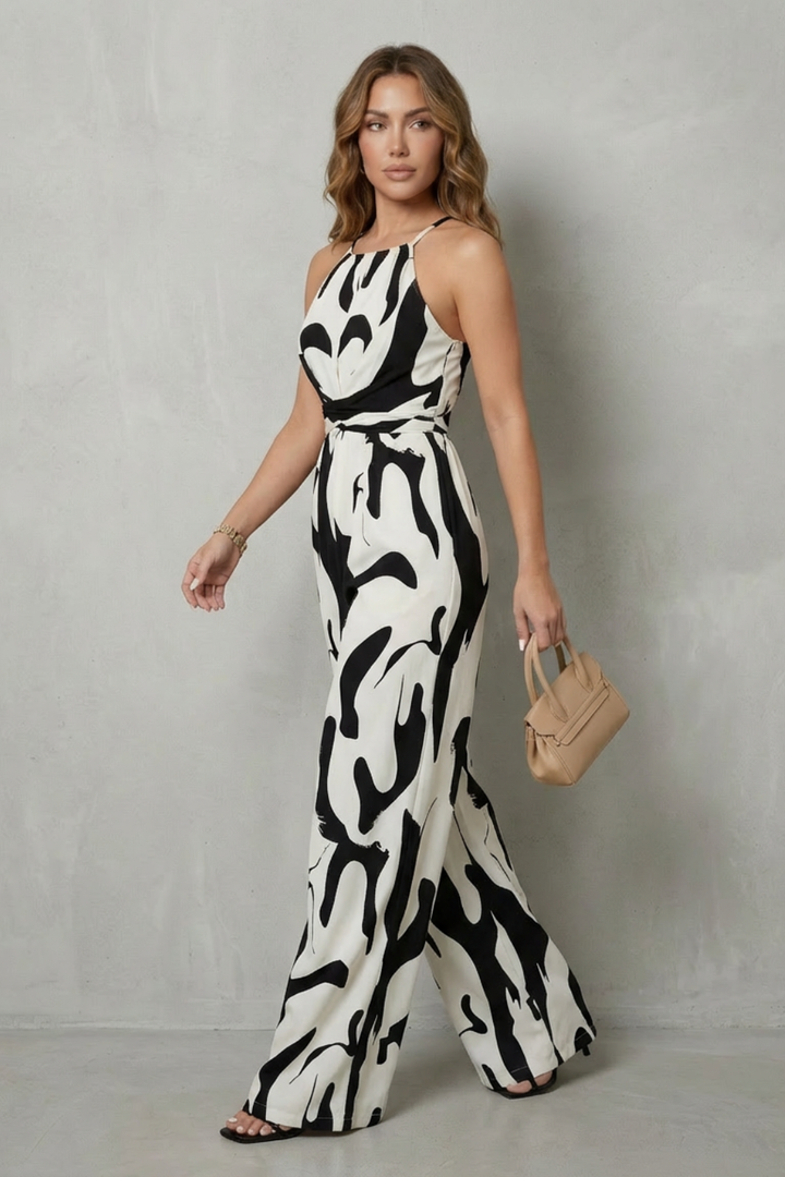 Women's Halter Neck Wide Leg Jumpsuit in Abstract Print - Iveline