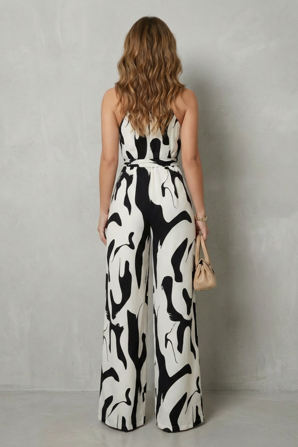 Women's Halter Neck Wide Leg Jumpsuit in Abstract Print - Iveline