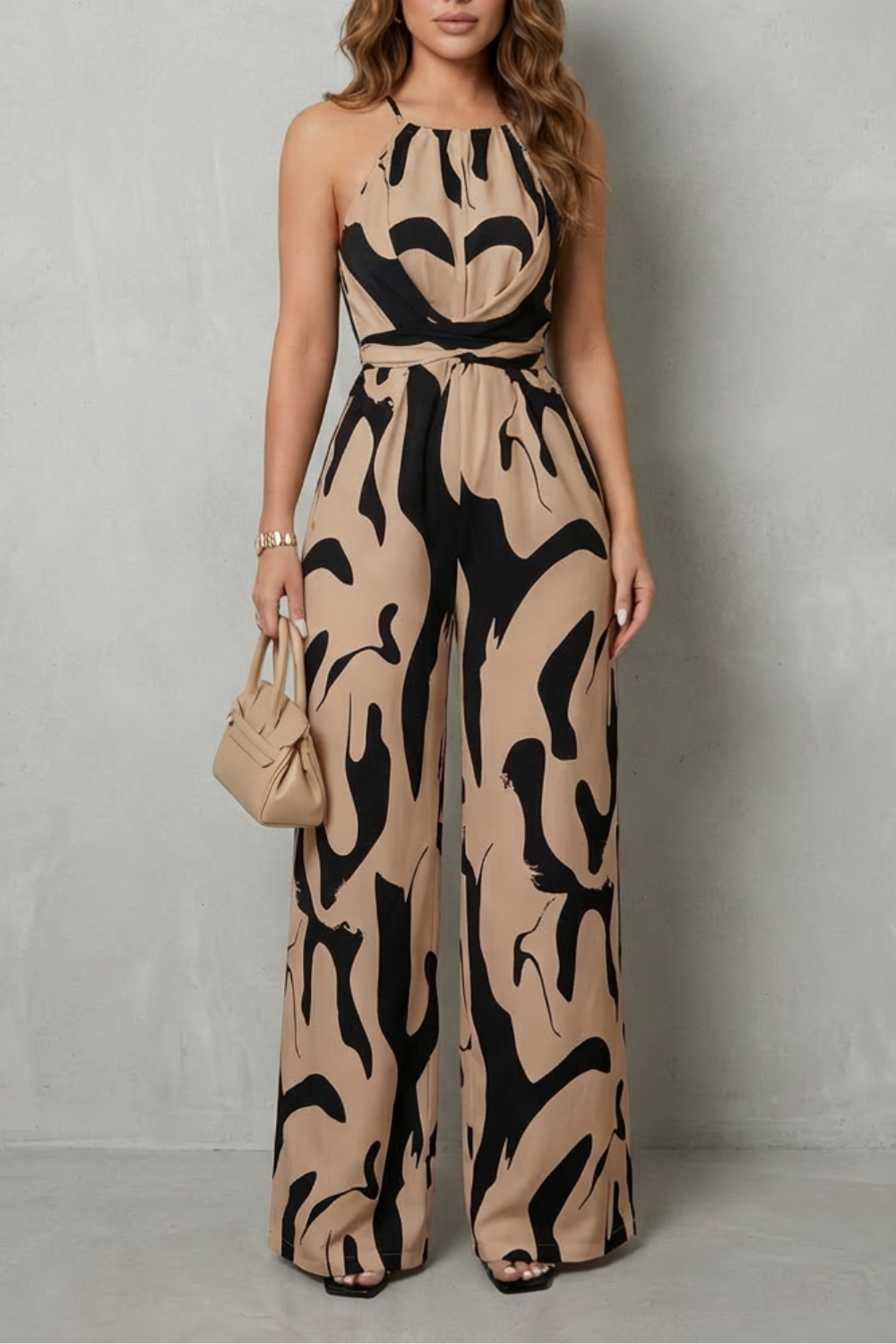 Women's Halter Neck Wide Leg Jumpsuit in Abstract Print - Iveline