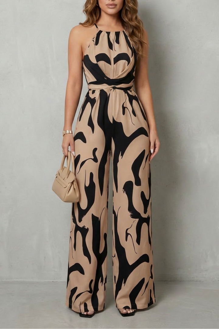 Women's Halter Neck Wide Leg Jumpsuit in Abstract Print - Iveline