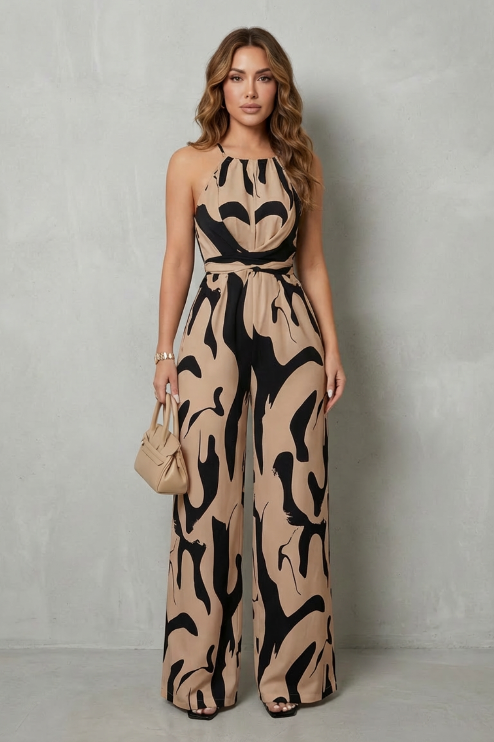 Women's Halter Neck Wide Leg Jumpsuit in Abstract Print - Iveline
