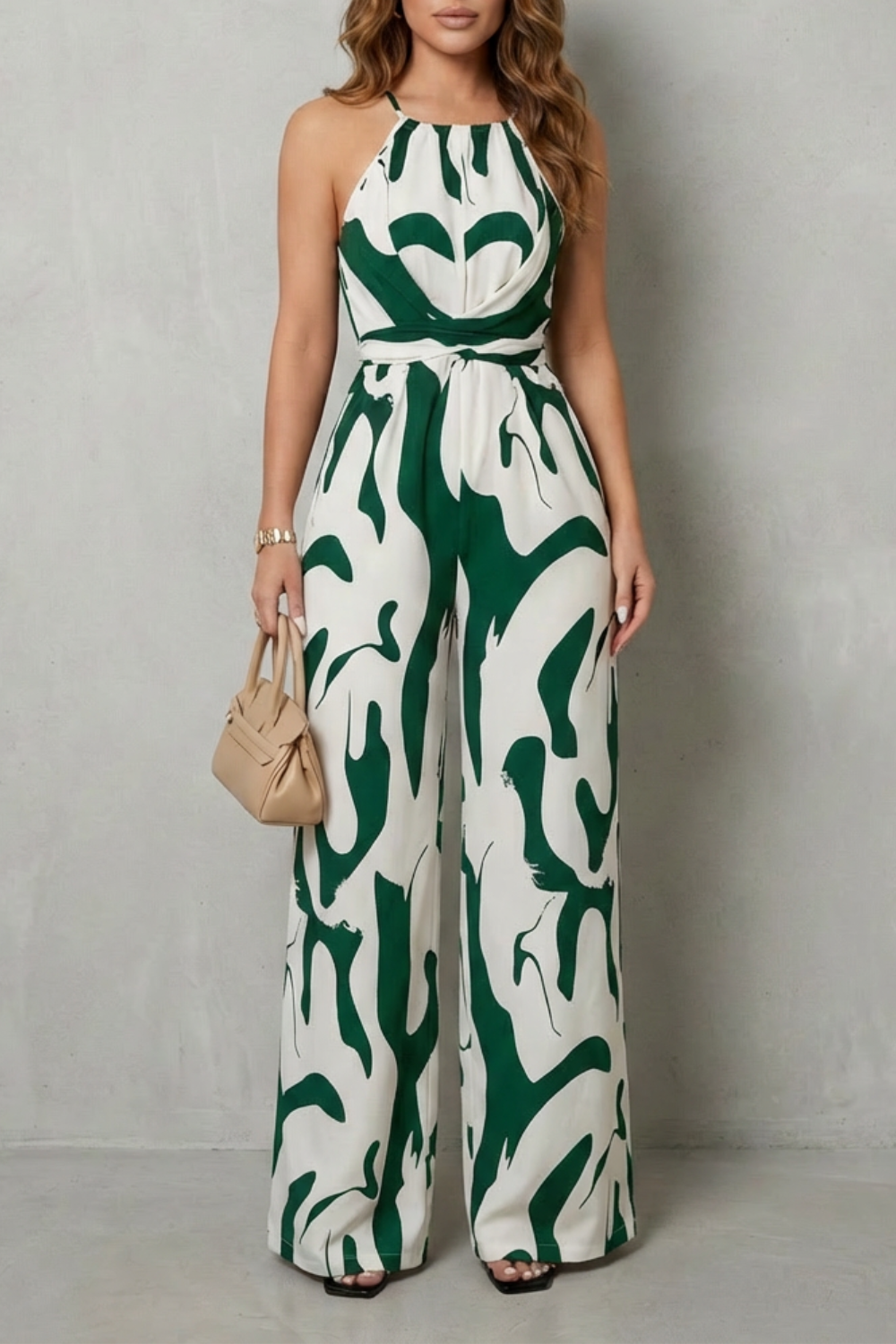Women's Halter Neck Wide Leg Jumpsuit in Abstract Print - Iveline