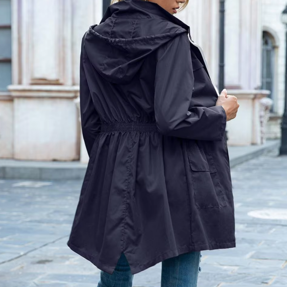 Women's lightweight hooded parka jacket Cissy in Navy Blue – back view with hood