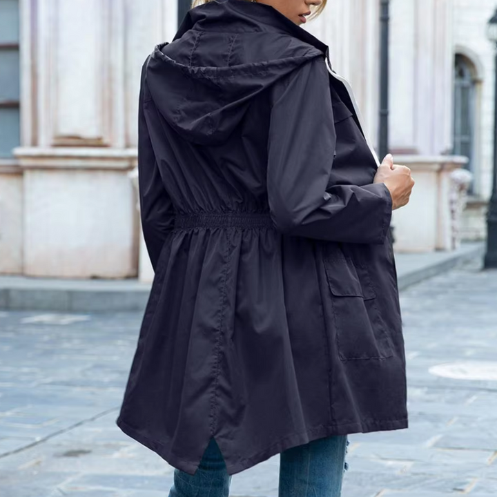 Women's lightweight hooded parka jacket Cissy in Navy Blue – back view with hood