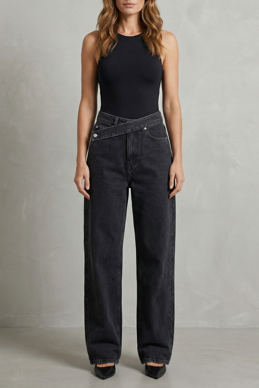 Women's High Waisted Asymmetric Waist Straight Jeans - Rivienne