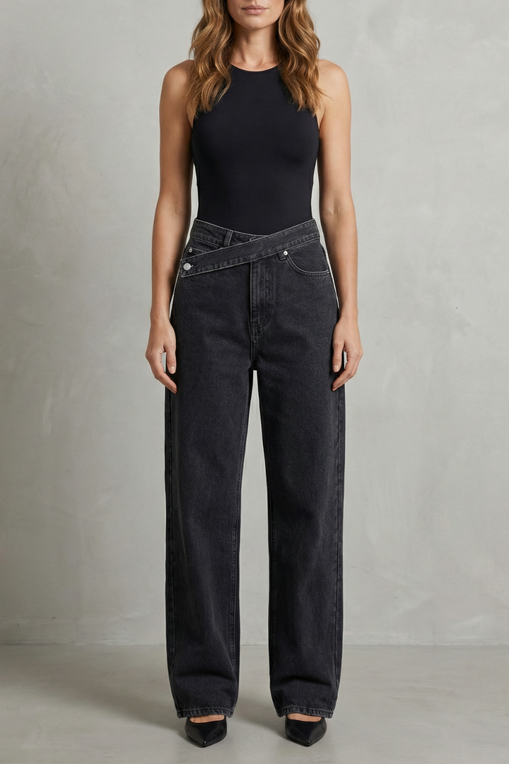 Women's High Waisted Asymmetric Waist Straight Jeans - Rivienne