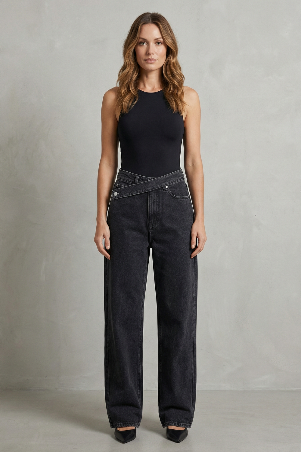 Women's High Waisted Asymmetric Waist Straight Jeans - Rivienne
