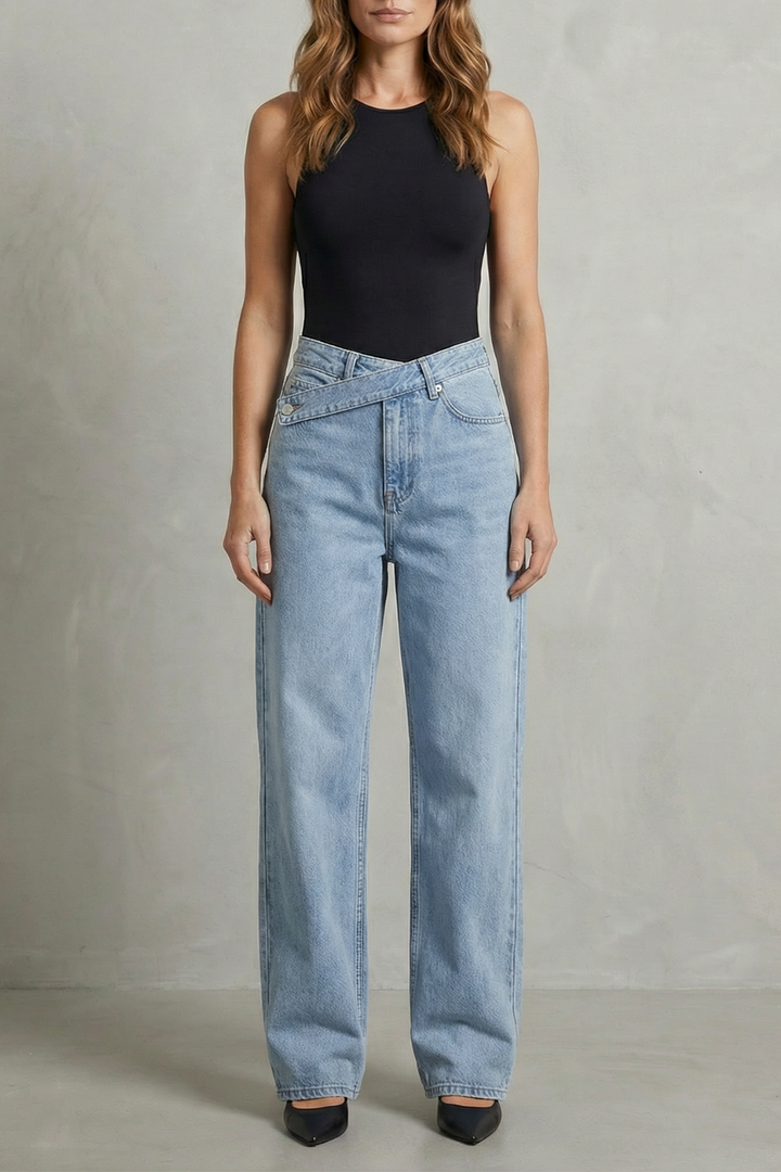 Women's High Waisted Asymmetric Waist Straight Jeans - Rivienne