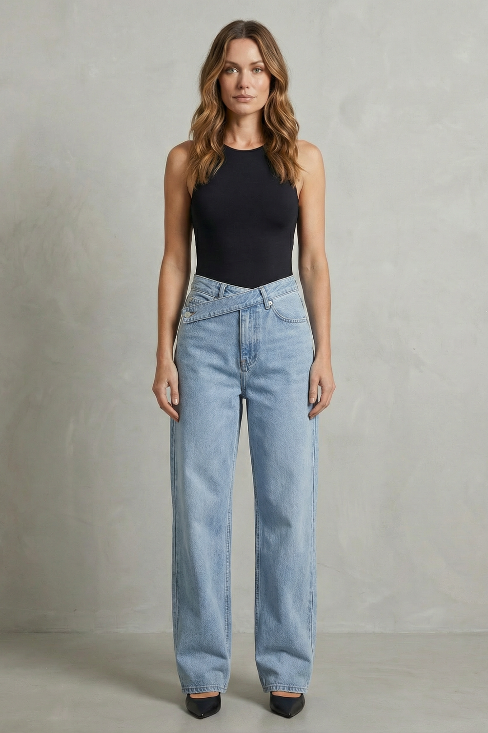 Women's High Waisted Asymmetric Waist Straight Jeans - Rivienne