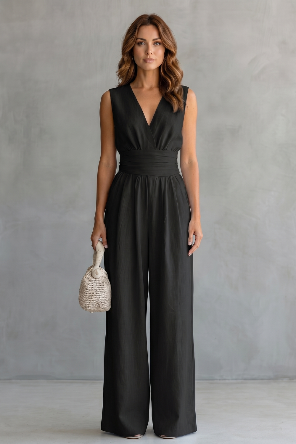 Women's Deep V Neck Wide Leg Jumpsuit with Pockets - Kyrelle