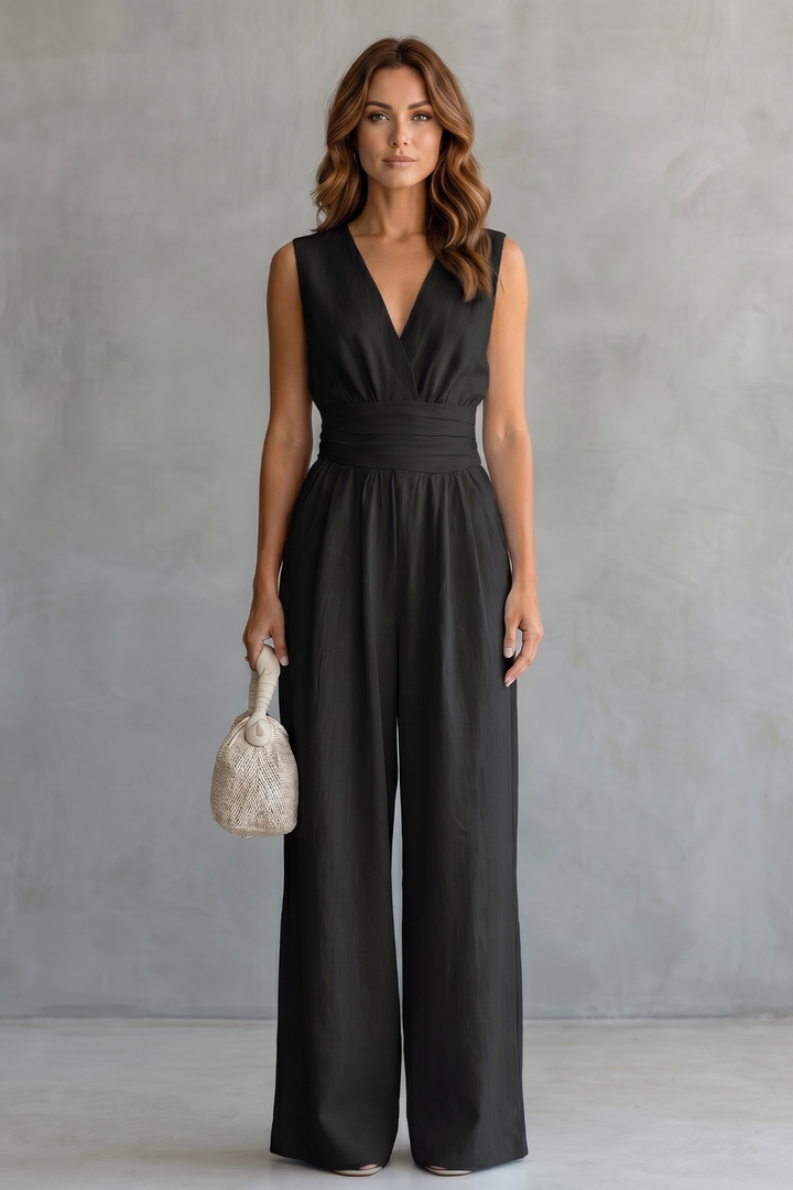 Women's Deep V Neck Wide Leg Jumpsuit with Pockets - Kyrelle
