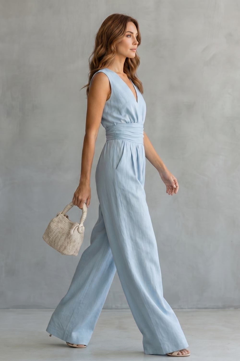 Women's Deep V Neck Wide Leg Jumpsuit with Pockets - Kyrelle