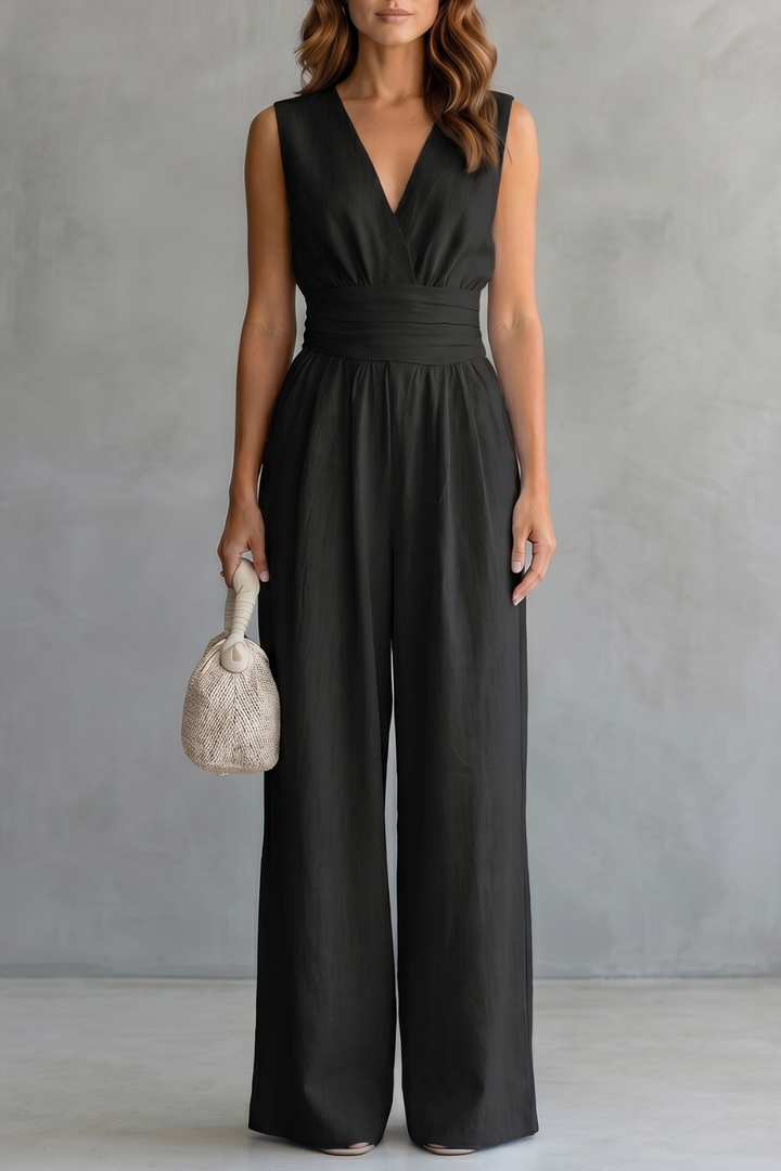 Women's Deep V Neck Wide Leg Jumpsuit with Pockets - Kyrelle