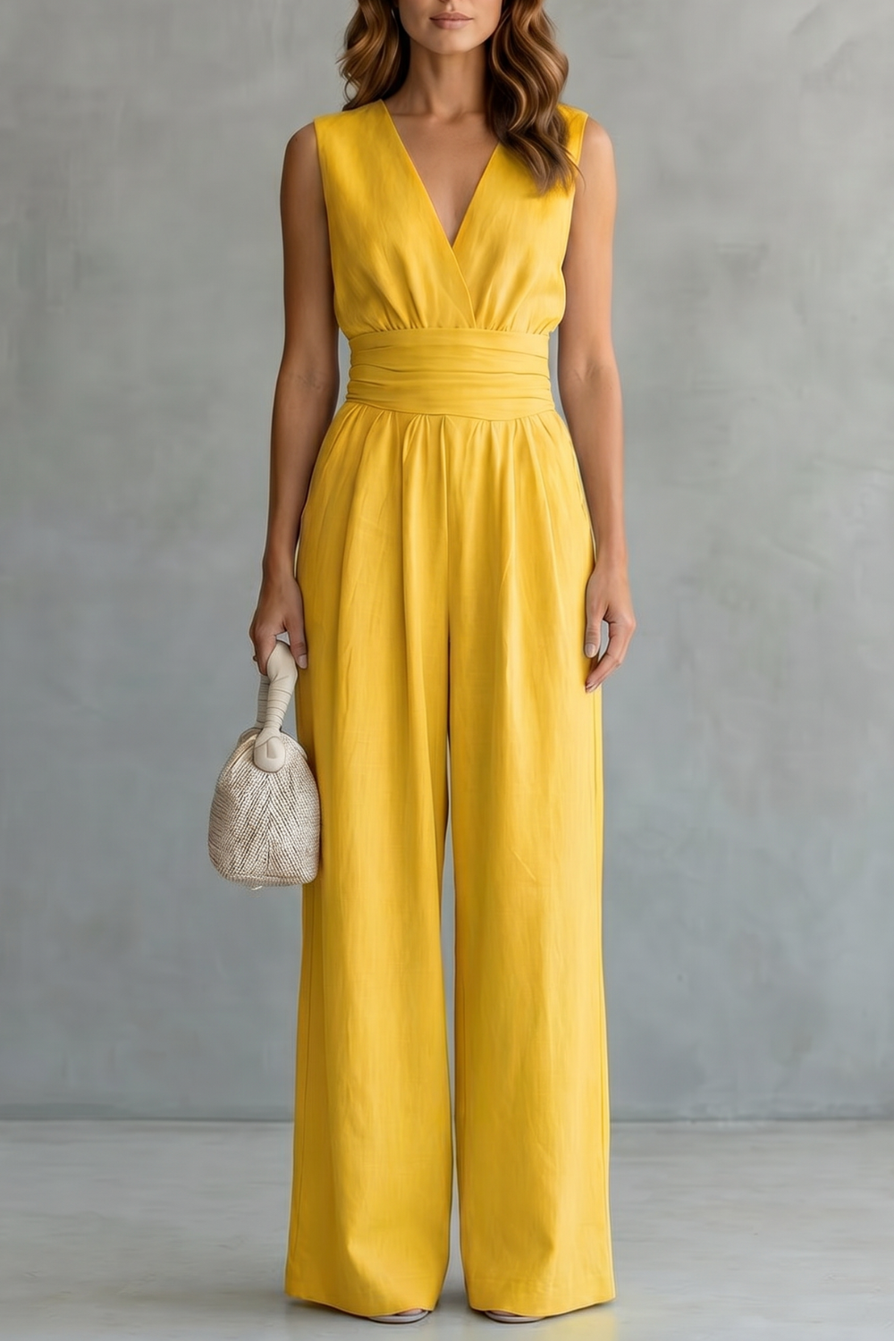 Women's Deep V Neck Wide Leg Jumpsuit with Pockets - Kyrelle