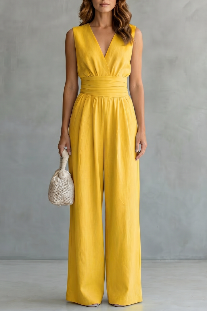 Women's Deep V Neck Wide Leg Jumpsuit with Pockets - Kyrelle
