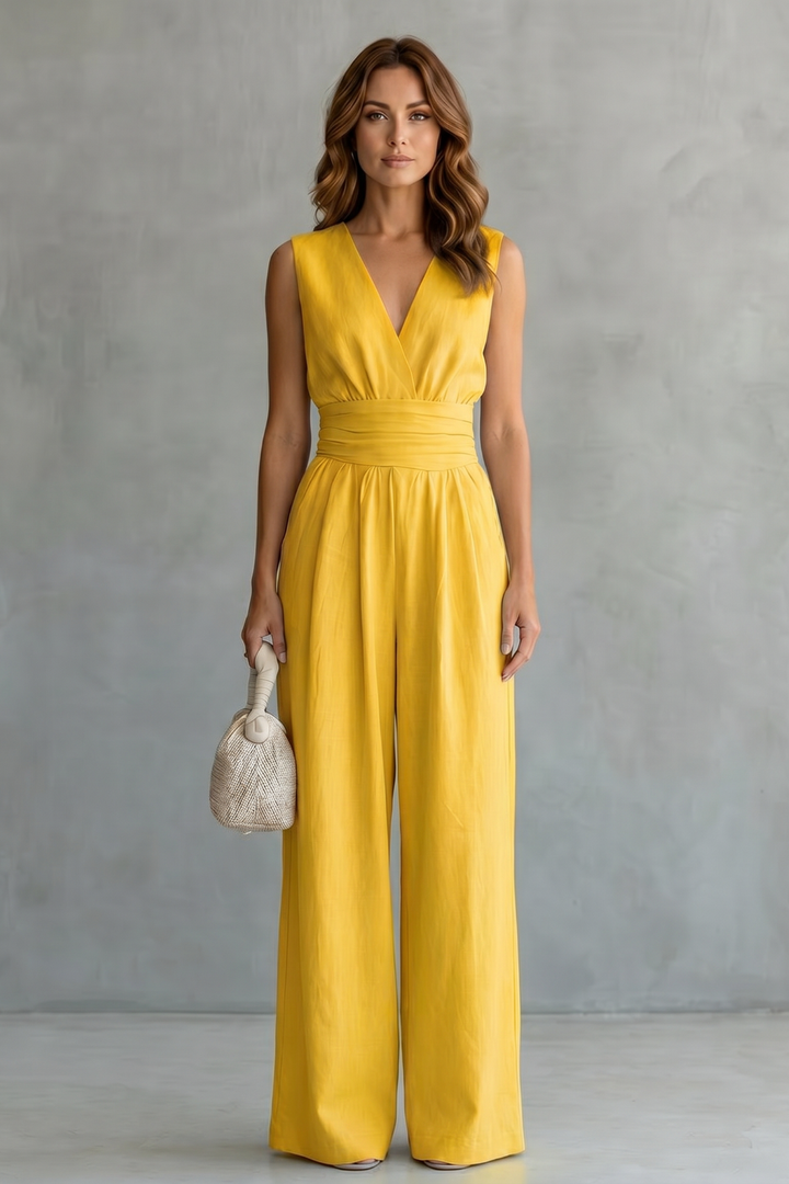 Women's Deep V Neck Wide Leg Jumpsuit with Pockets - Kyrelle