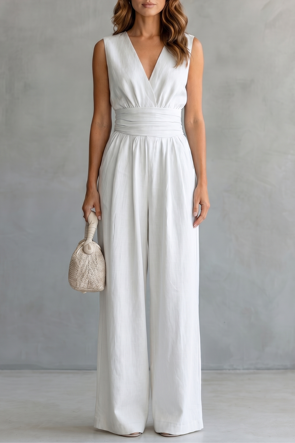 Women's Deep V Neck Wide Leg Jumpsuit with Pockets - Kyrelle