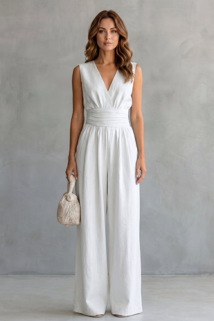 Women's Deep V Neck Wide Leg Jumpsuit with Pockets - Kyrelle