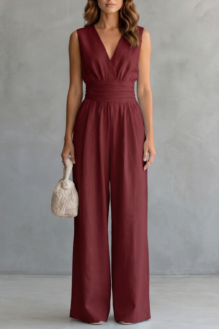 Women's Deep V Neck Wide Leg Jumpsuit with Pockets - Kyrelle