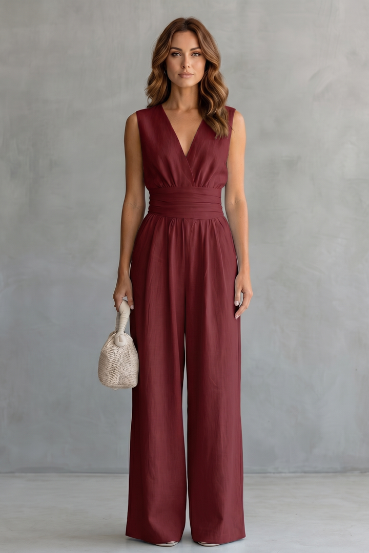Women's Deep V Neck Wide Leg Jumpsuit with Pockets - Kyrelle