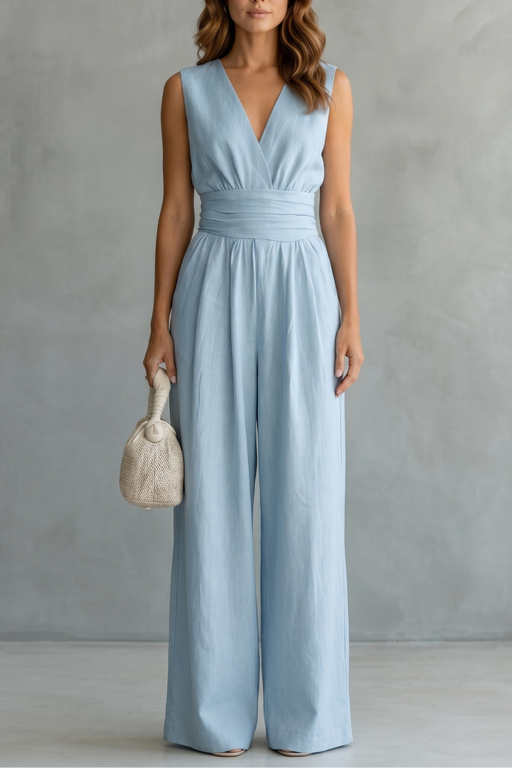 Women's Deep V Neck Wide Leg Jumpsuit with Pockets - Kyrelle