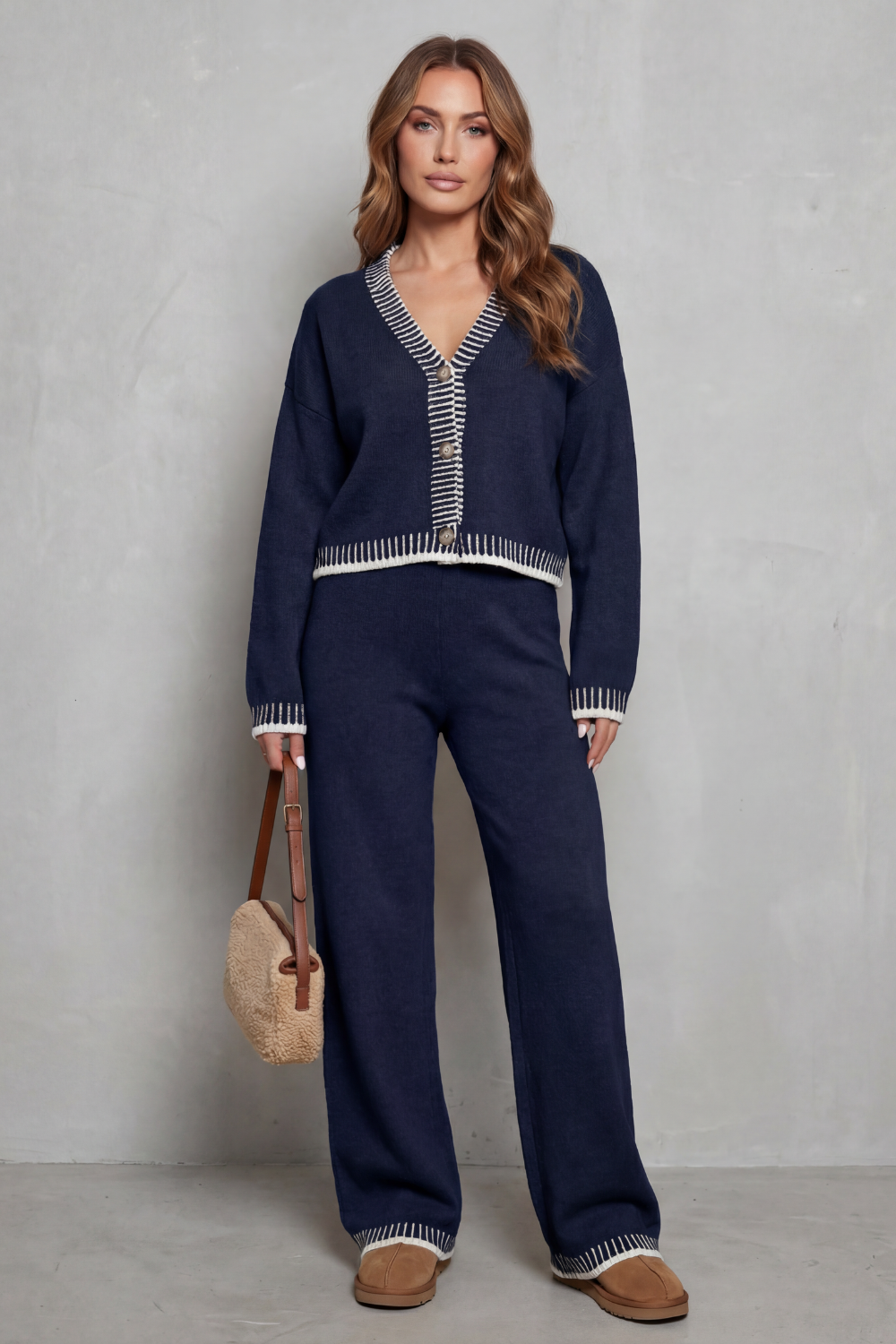 Women's Knit V-Neck Cardigan and Trouser Co-ord Set - Fauriselle