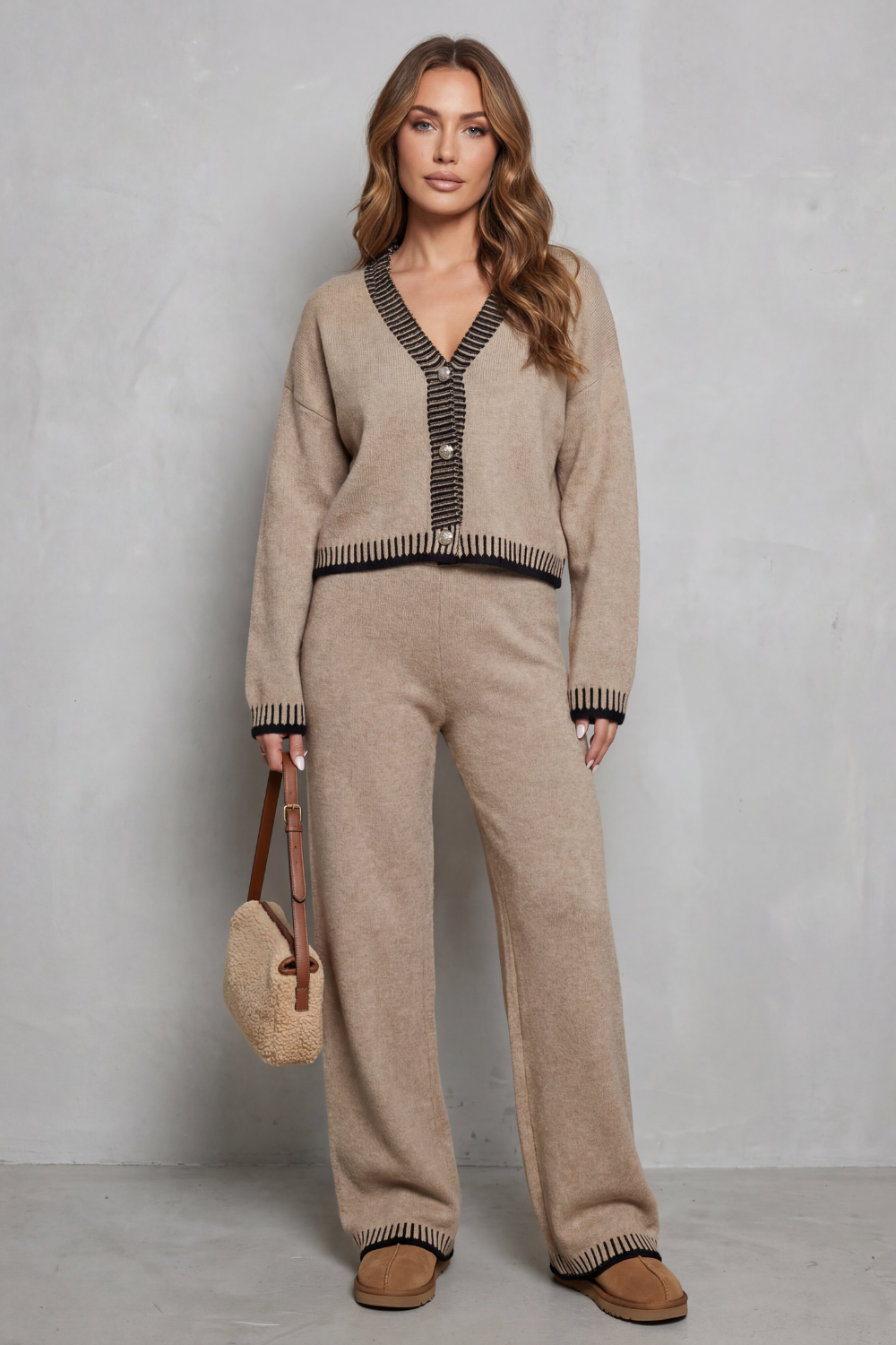 Women's Knit V-Neck Cardigan and Trouser Co-ord Set - Fauriselle