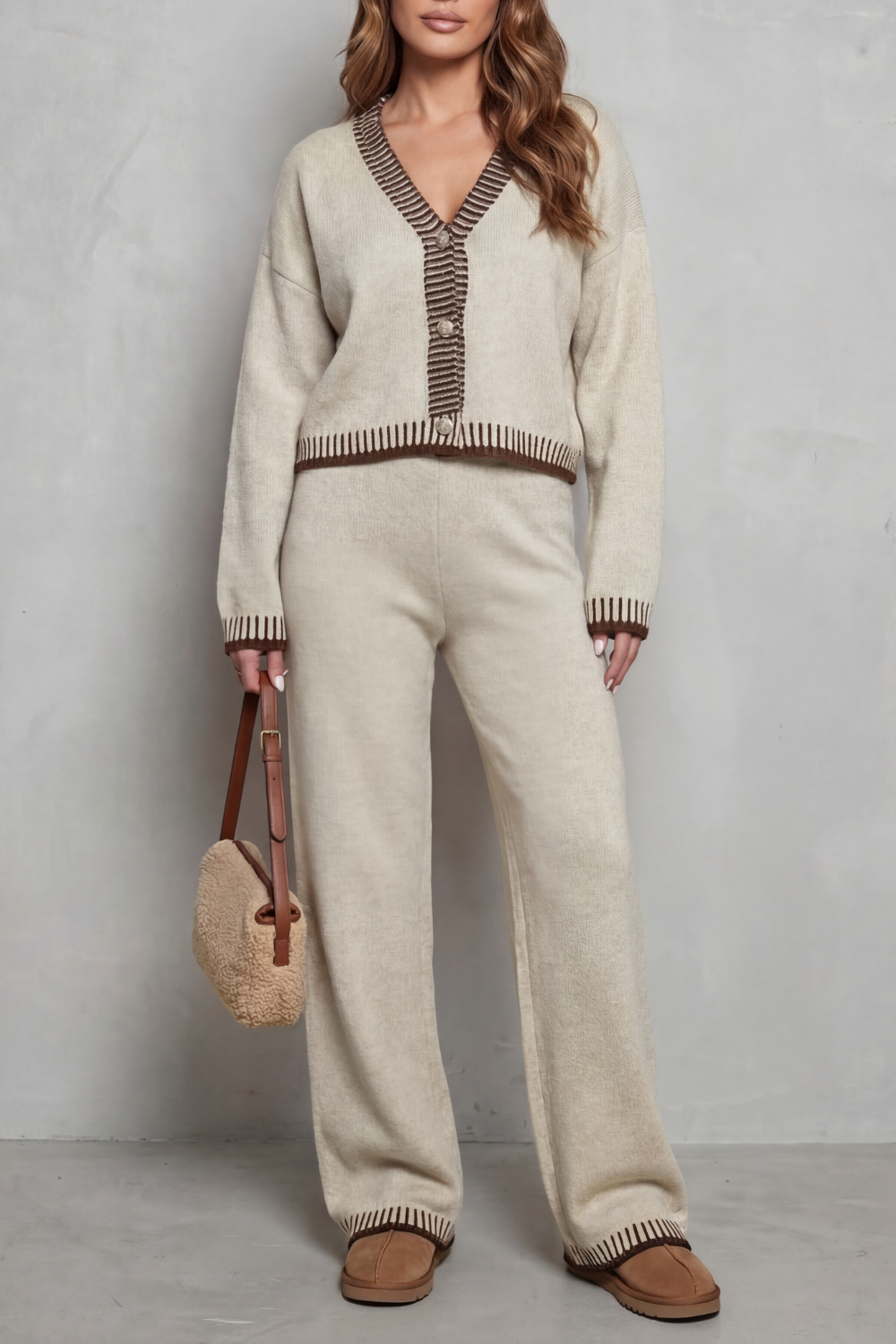 Women's Knit V-Neck Cardigan and Trouser Co-ord Set - Fauriselle