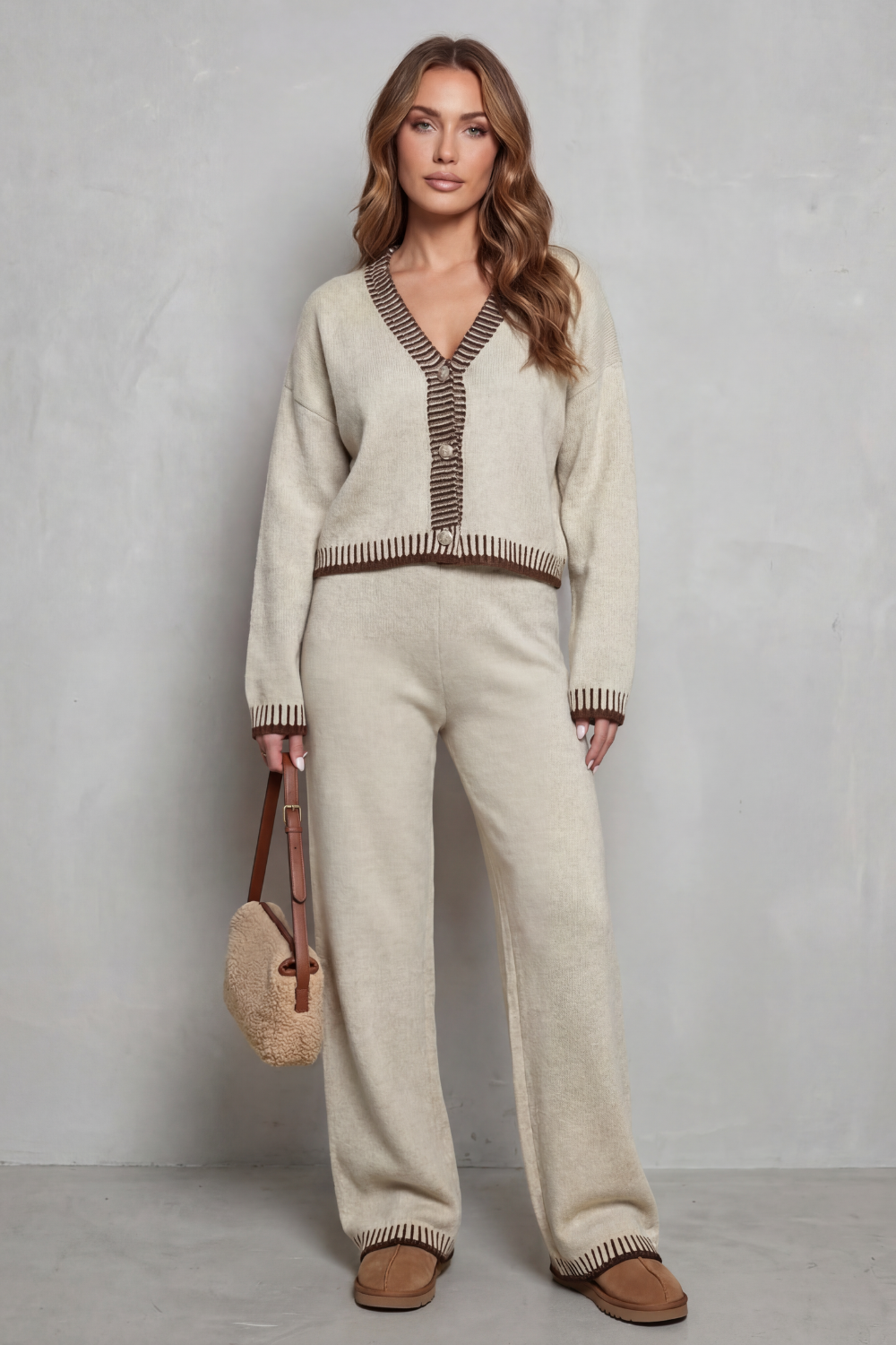 Women's Knit V-Neck Cardigan and Trouser Co-ord Set - Fauriselle