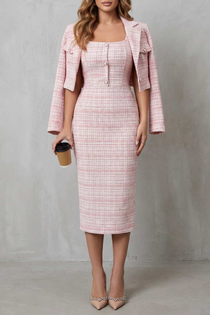 Women's Plaid Midi Dress and Cropped Blazer Co-ord Set - Damielle