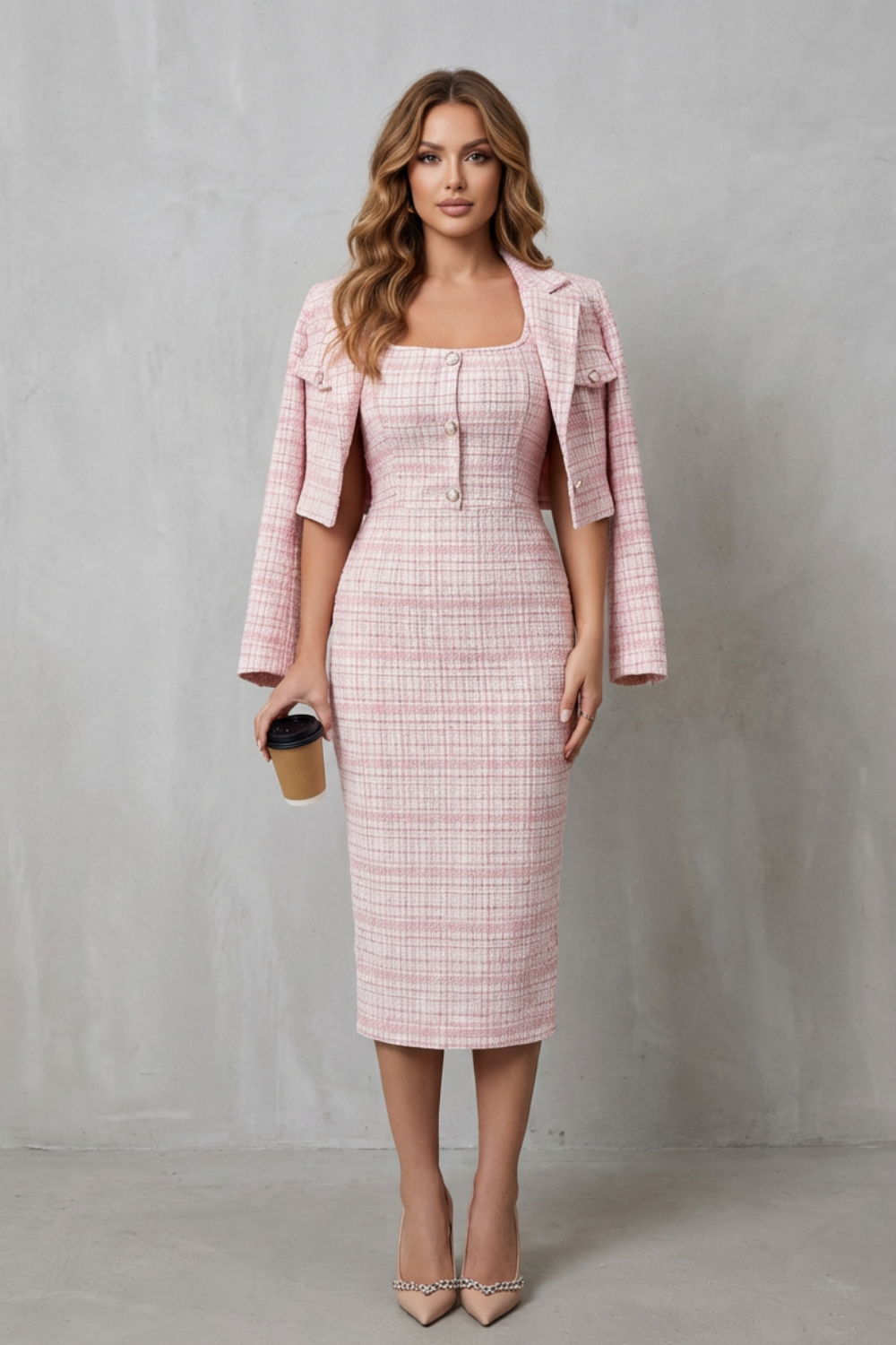 Women's Plaid Midi Dress and Cropped Blazer Co-ord Set - Damielle