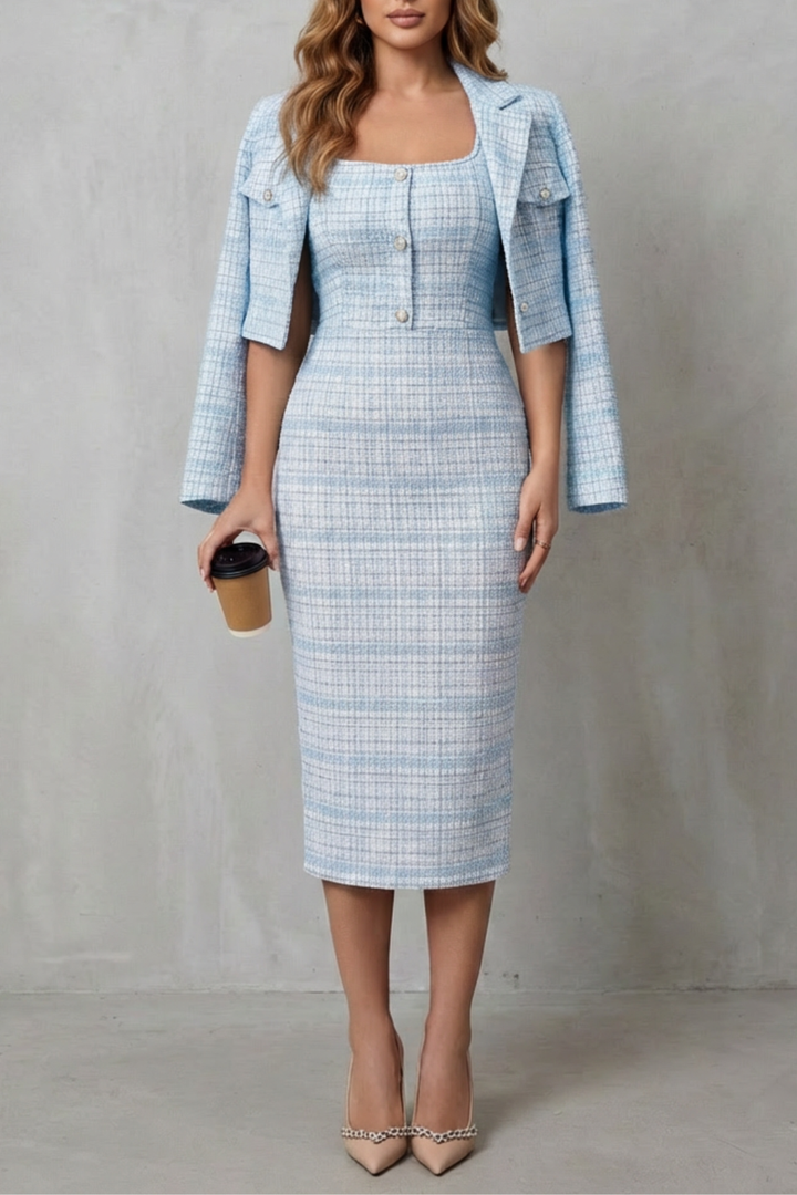 Women's Plaid Midi Dress and Cropped Blazer Co-ord Set - Damielle