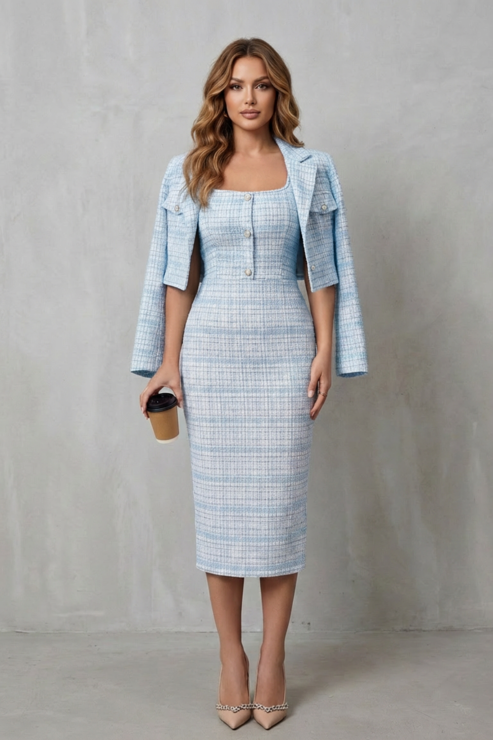 Women's Plaid Midi Dress and Cropped Blazer Co-ord Set - Damielle