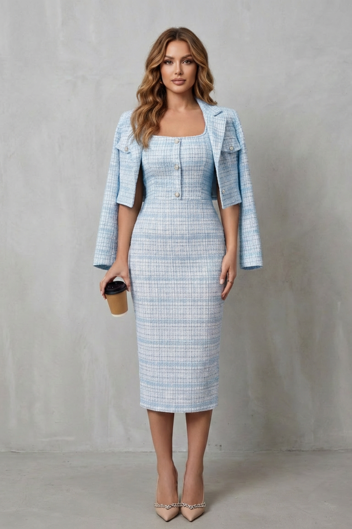 Women's Plaid Midi Dress and Cropped Blazer Co-ord Set - Damielle