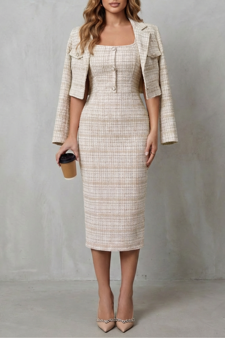 Women's Plaid Midi Dress and Cropped Blazer Co-ord Set - Damielle