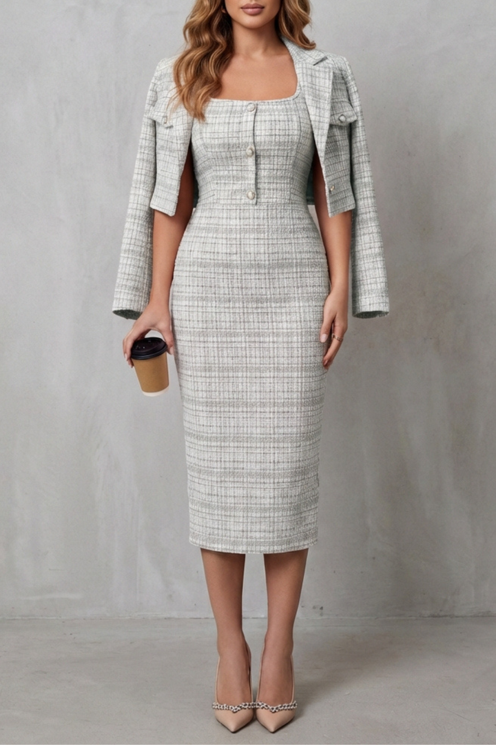 Women's Plaid Midi Dress and Cropped Blazer Co-ord Set - Damielle
