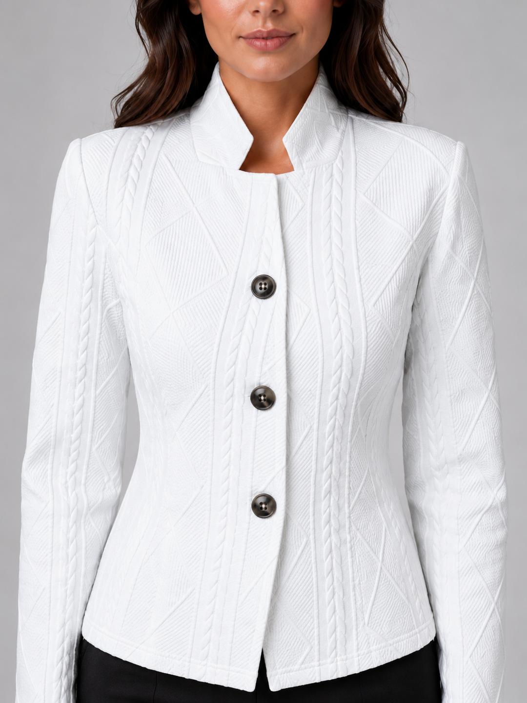 Women's Textured Fitted Blazer with Stand Collar – Bakewell – White – detail view