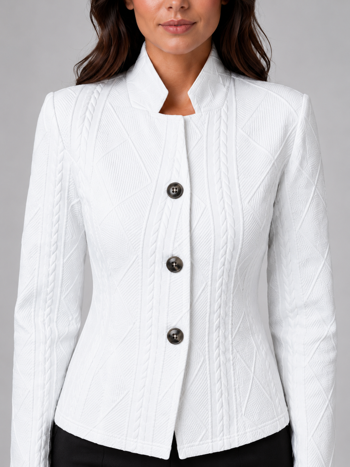 Women's Textured Fitted Blazer with Stand Collar – Bakewell – White – detail view