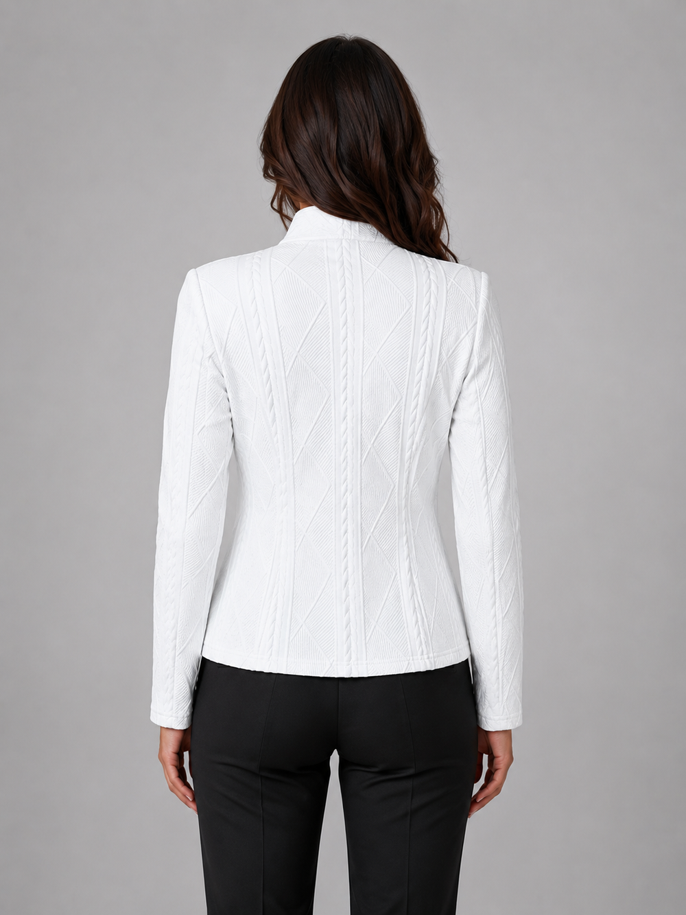 Women's Textured Fitted Blazer with Stand Collar – Bakewell – White – back view