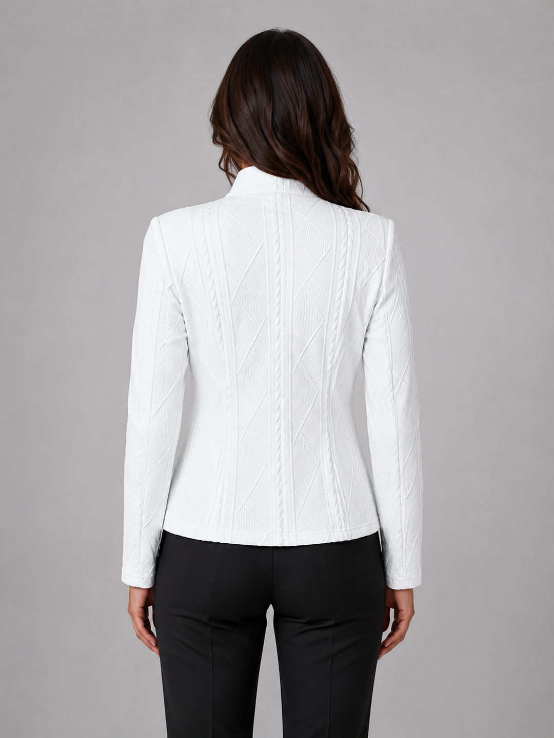 Women's Textured Fitted Blazer with Stand Collar – Bakewell – White – back view
