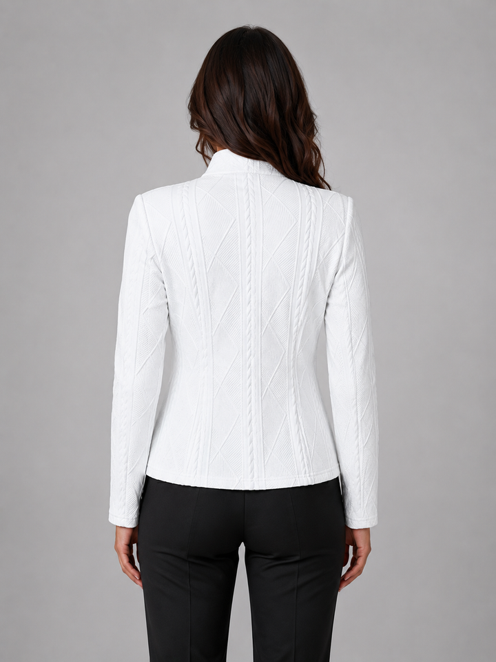 Women's Textured Fitted Blazer with Stand Collar – Bakewell – White – back view
