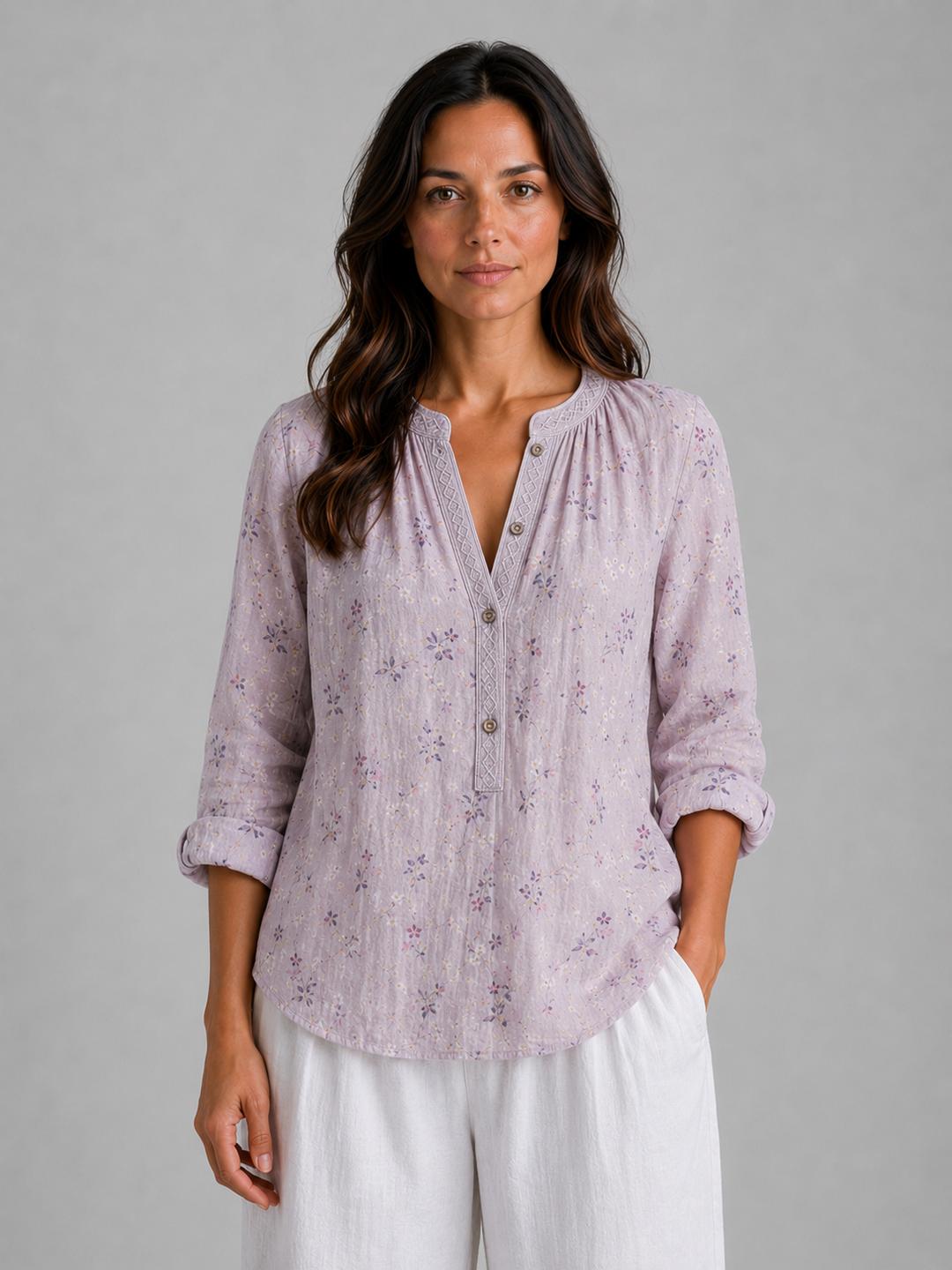 Marigold printed split-neck blouse in Pink floral print – front view