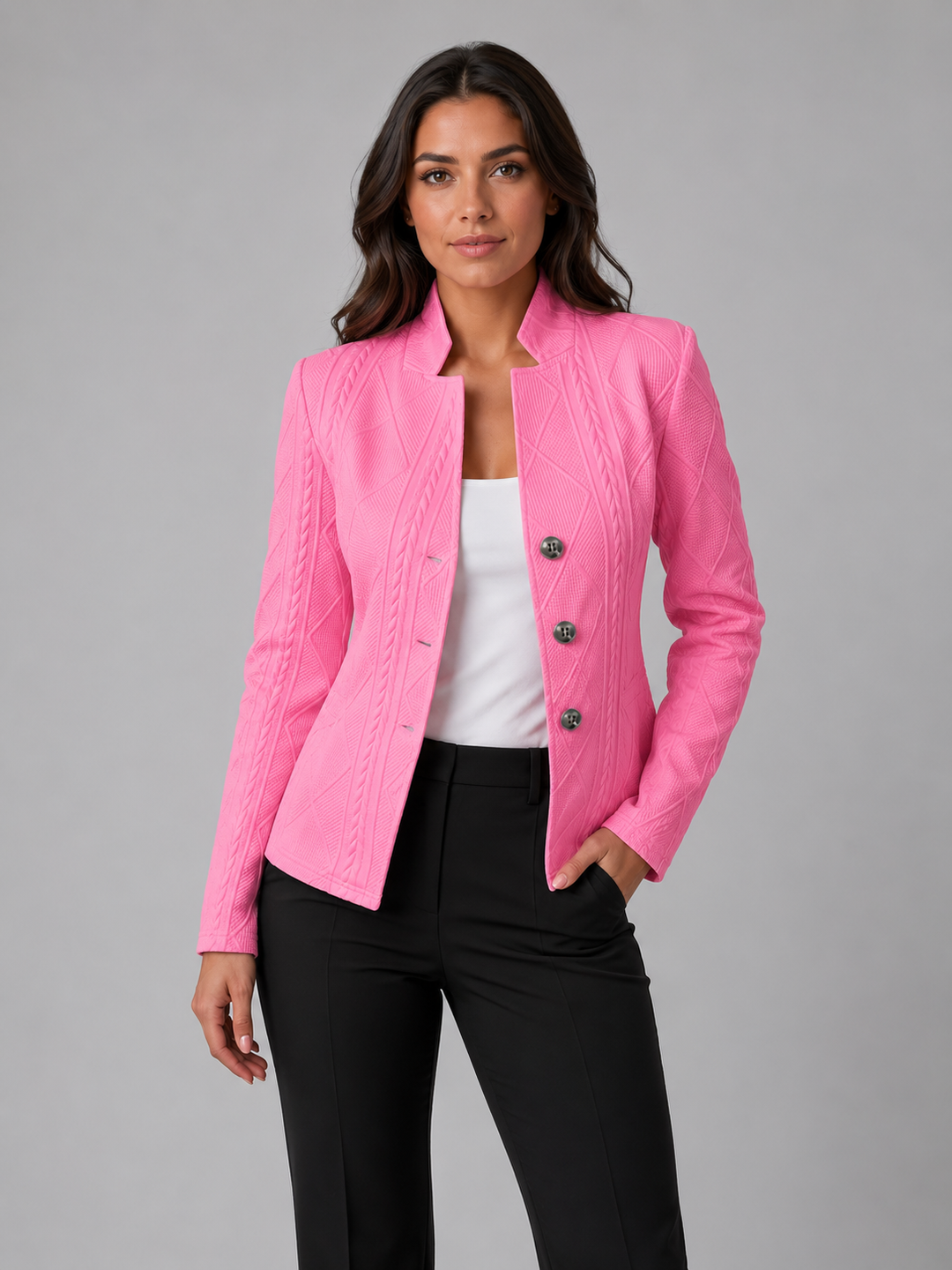 Women's Textured Fitted Blazer with Stand Collar – Bakewell – Pink – front view