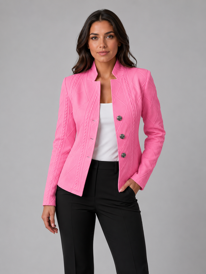 Women's Textured Fitted Blazer with Stand Collar – Bakewell – Pink – front view