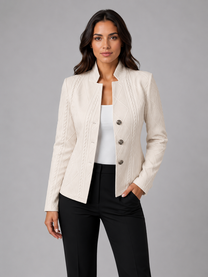 Women's Textured Fitted Blazer with Stand Collar – Bakewell – Cream – front view