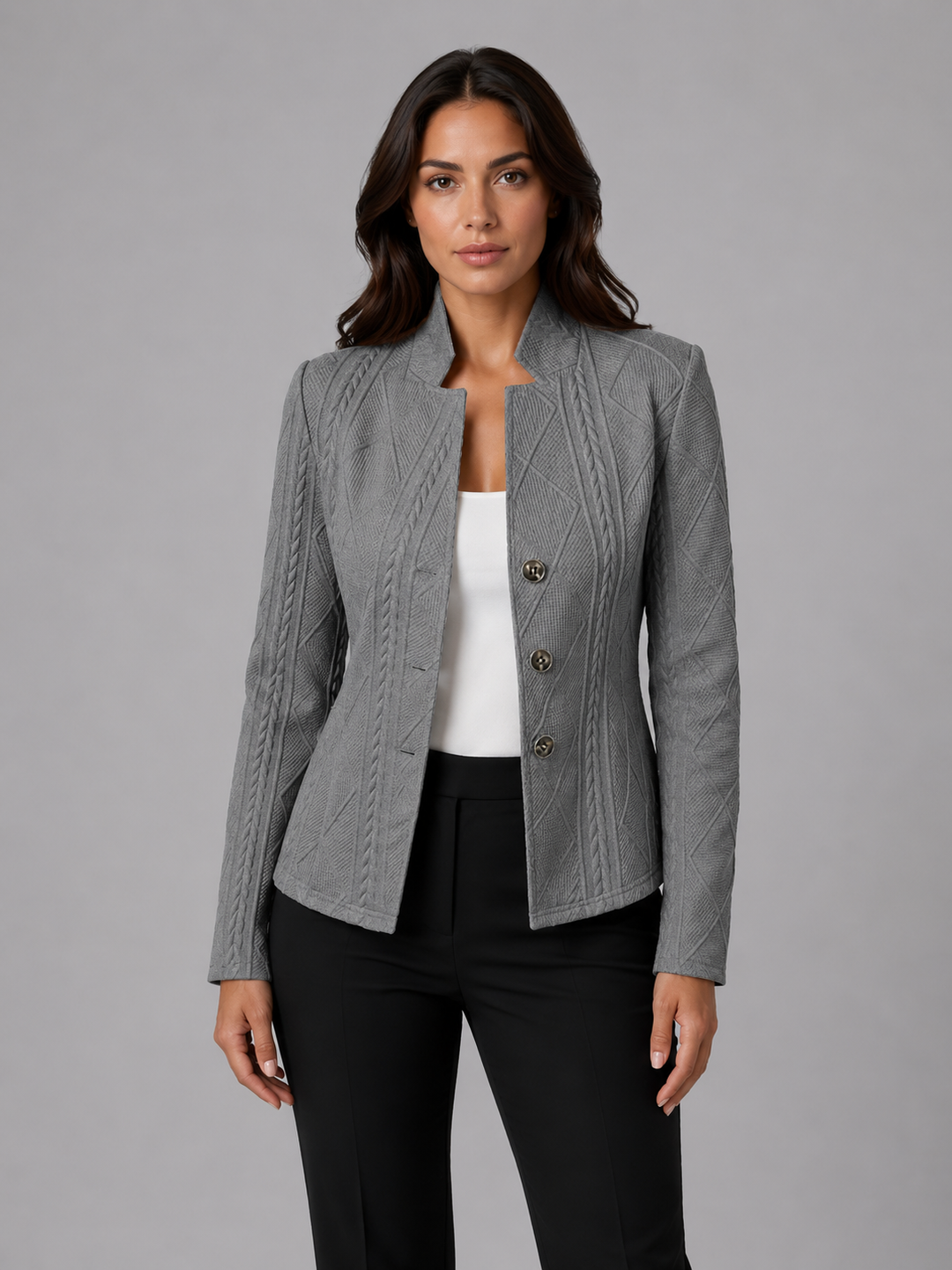 Women's Textured Fitted Blazer with Stand Collar – Bakewell – Grey – front view