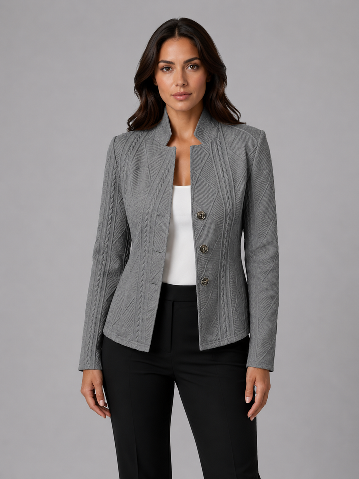 Women's Textured Fitted Blazer with Stand Collar – Bakewell – Grey – front view