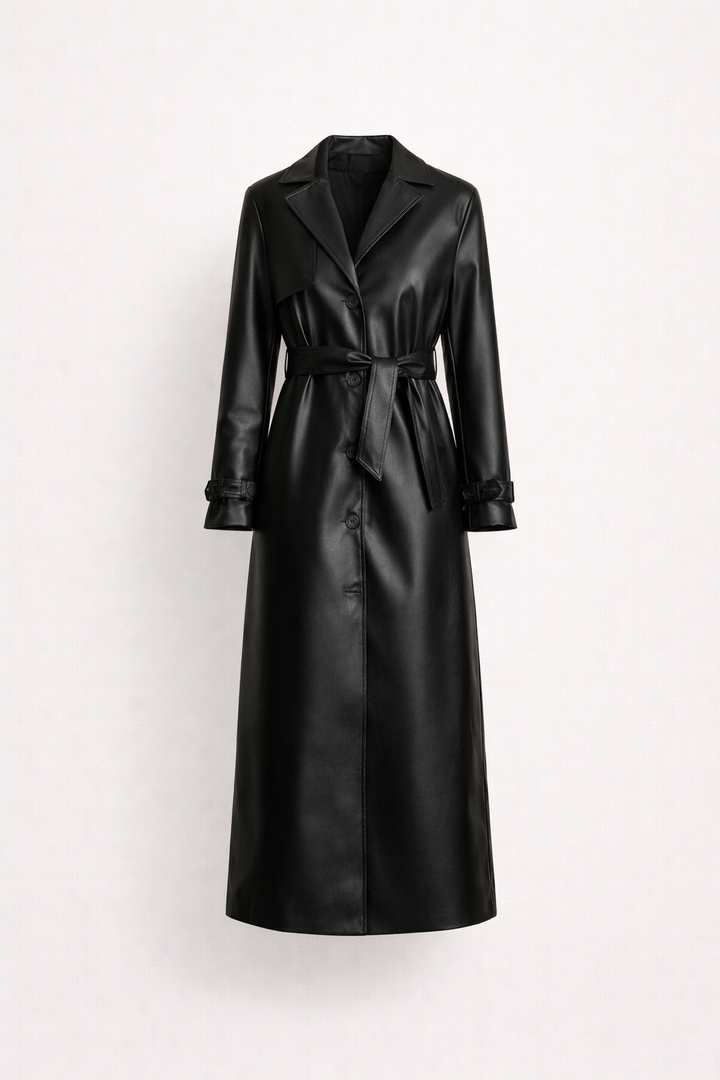 Kettlewell women's leather-look trench coat in Black – front view