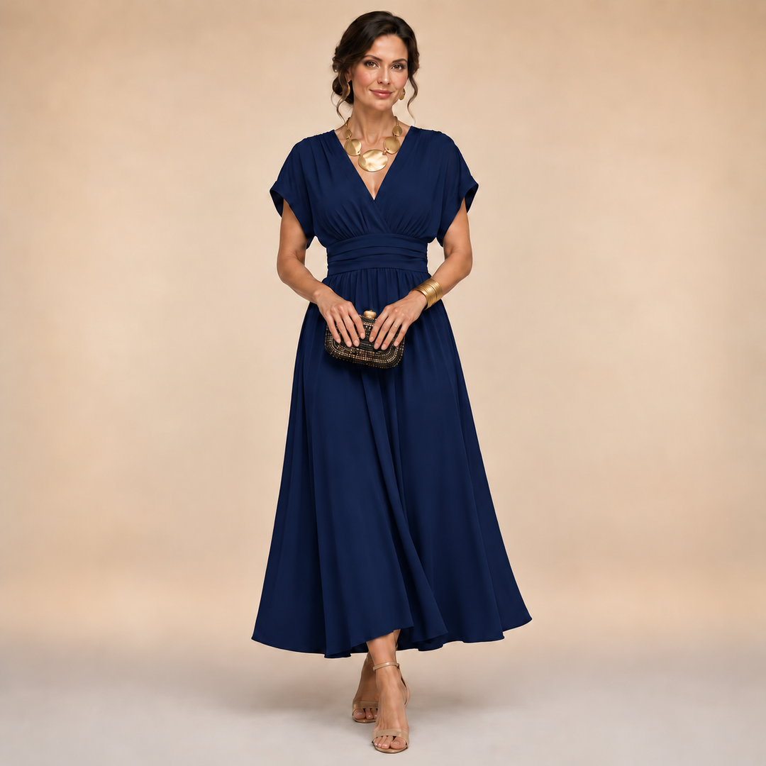 Women's Short Sleeve V-Neck Wrap Midi Dress – Tabitha