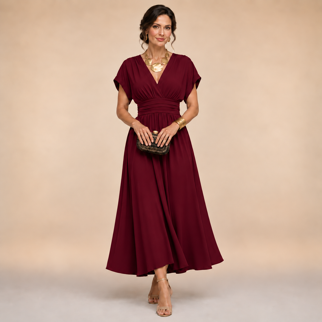 Women's Short Sleeve V-Neck Wrap Midi Dress – Tabitha
